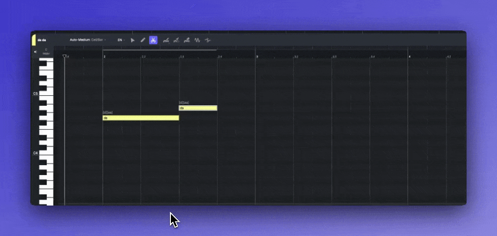 Splitting a long note into two using the Note Slicer tool in ACE Studio's MIDI editor.