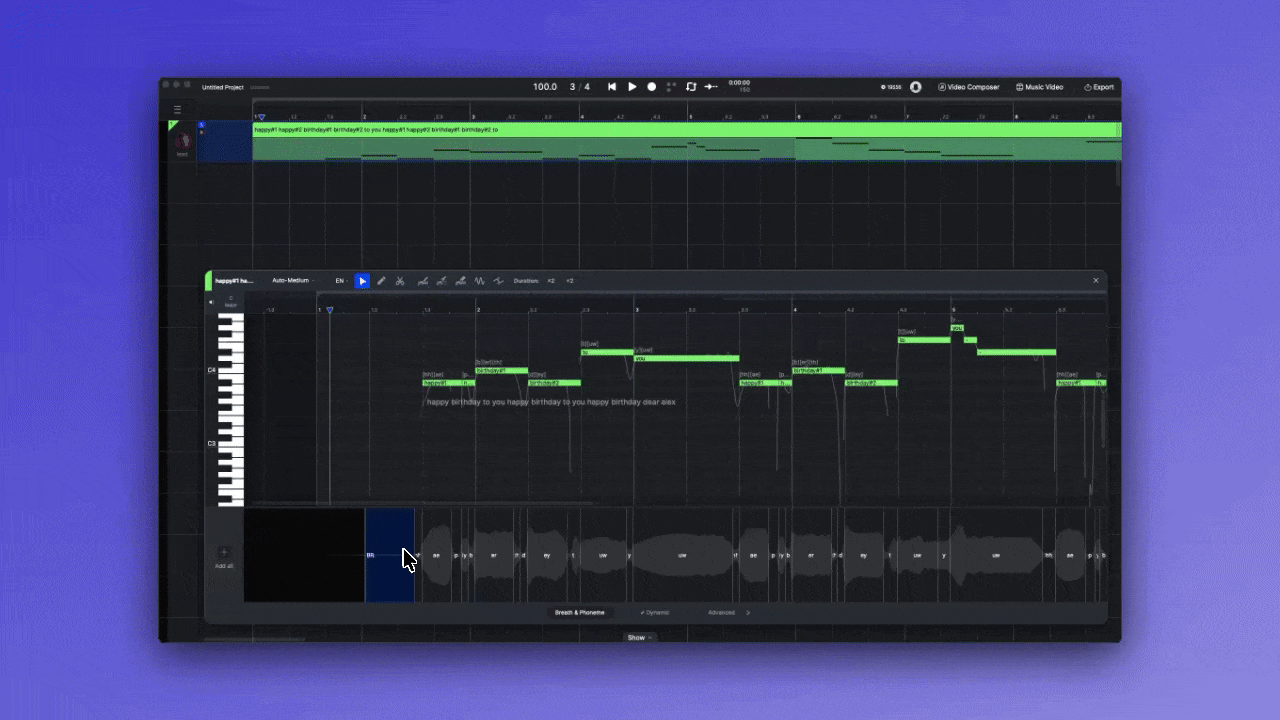 The Breath & Phoneme tab in the ACE Studio AI parameters panel, showing a breath block and the phoneme segments of each note.